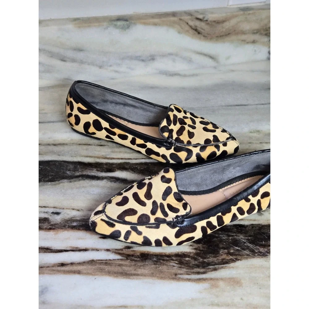 Kelly & Katie Womens Leopard Calf Hair Pointed Toe Loafers Flats Tan Black 6M‎